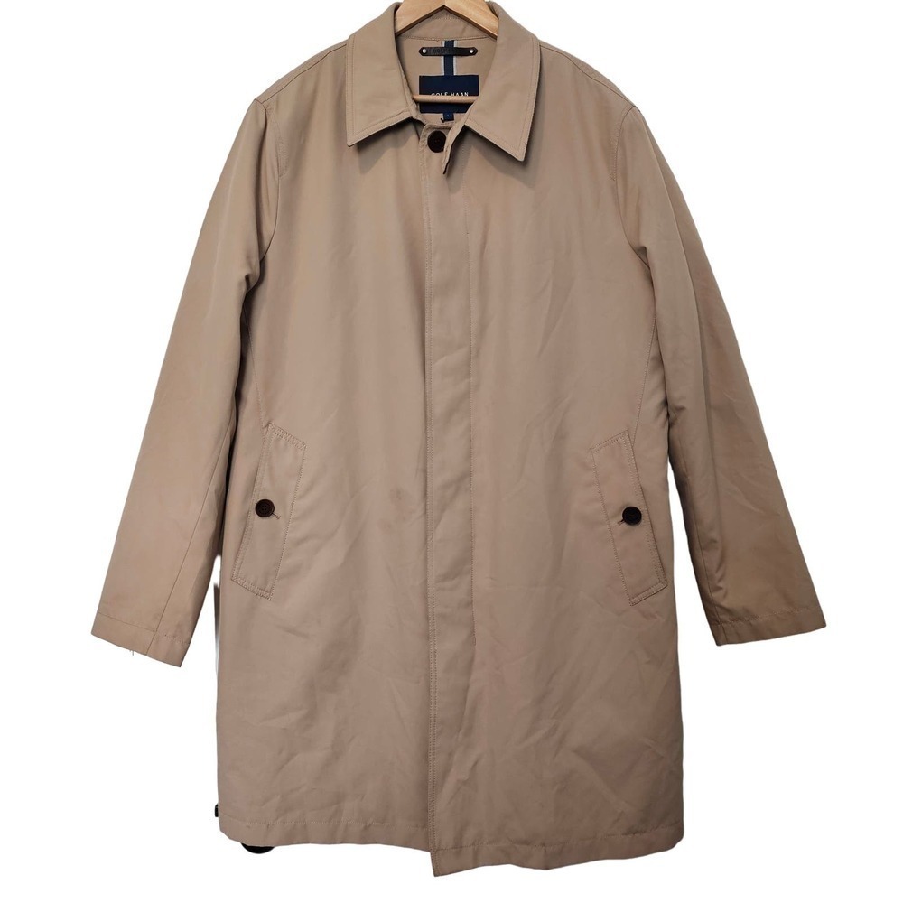 Cole Haan Trench Coat Mens Large Tan Removable Liner Neutral Button Front